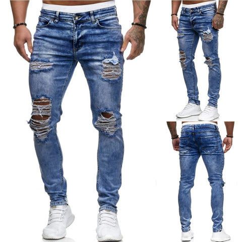 Mens Ripped Jeans for men Casual Black Blue Skinny slim Fit Denim Pants Biker Hip Hop Jeans with sexy Holel Denim Pants NEW@G2
