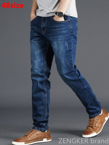 Spring jeans men's stretch blue men's high waist 130kg plus size XL oversized people slim long pants 48 46 44 42 40 38 36
