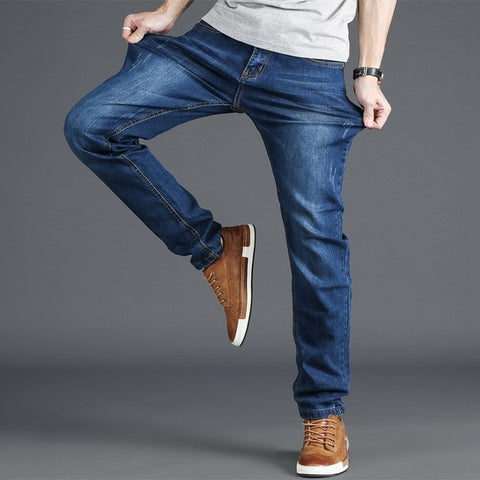 Spring jeans men's stretch blue men's high waist 130kg plus size XL oversized people slim long pants 48 46 44 42 40 38 36